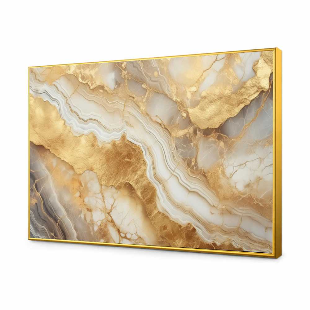 Quadro Decorativo Abstrato Branco e Ouro Liquido